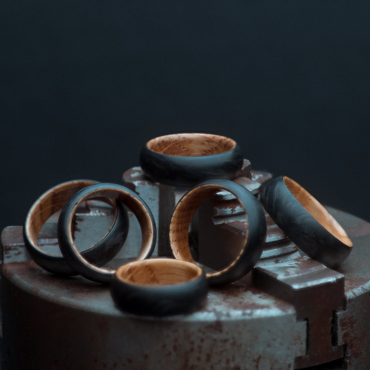 Upcycled Whiskey Barrel Oak and Forged Carbon Fiber Mens Wedding Band