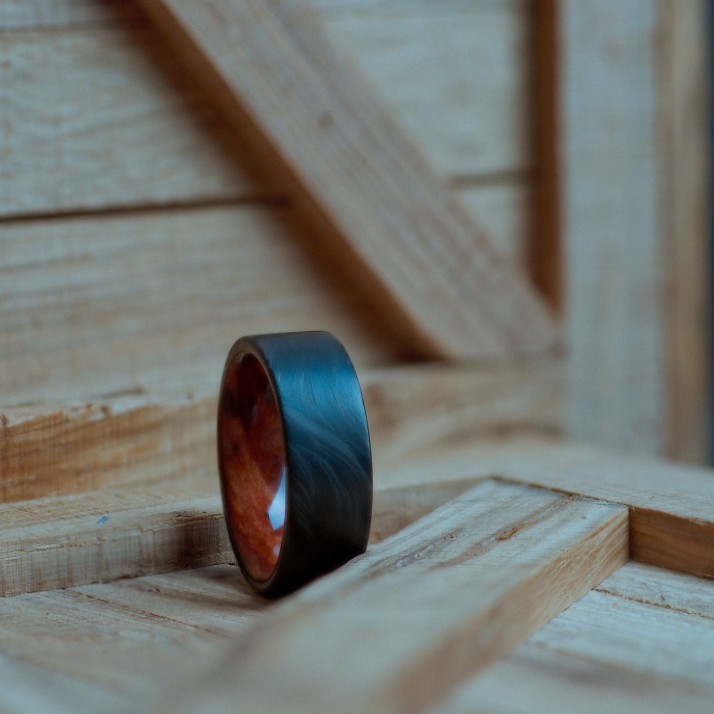 California Redwood Burl and Forged Carbon Fiber Mens Wedding Band