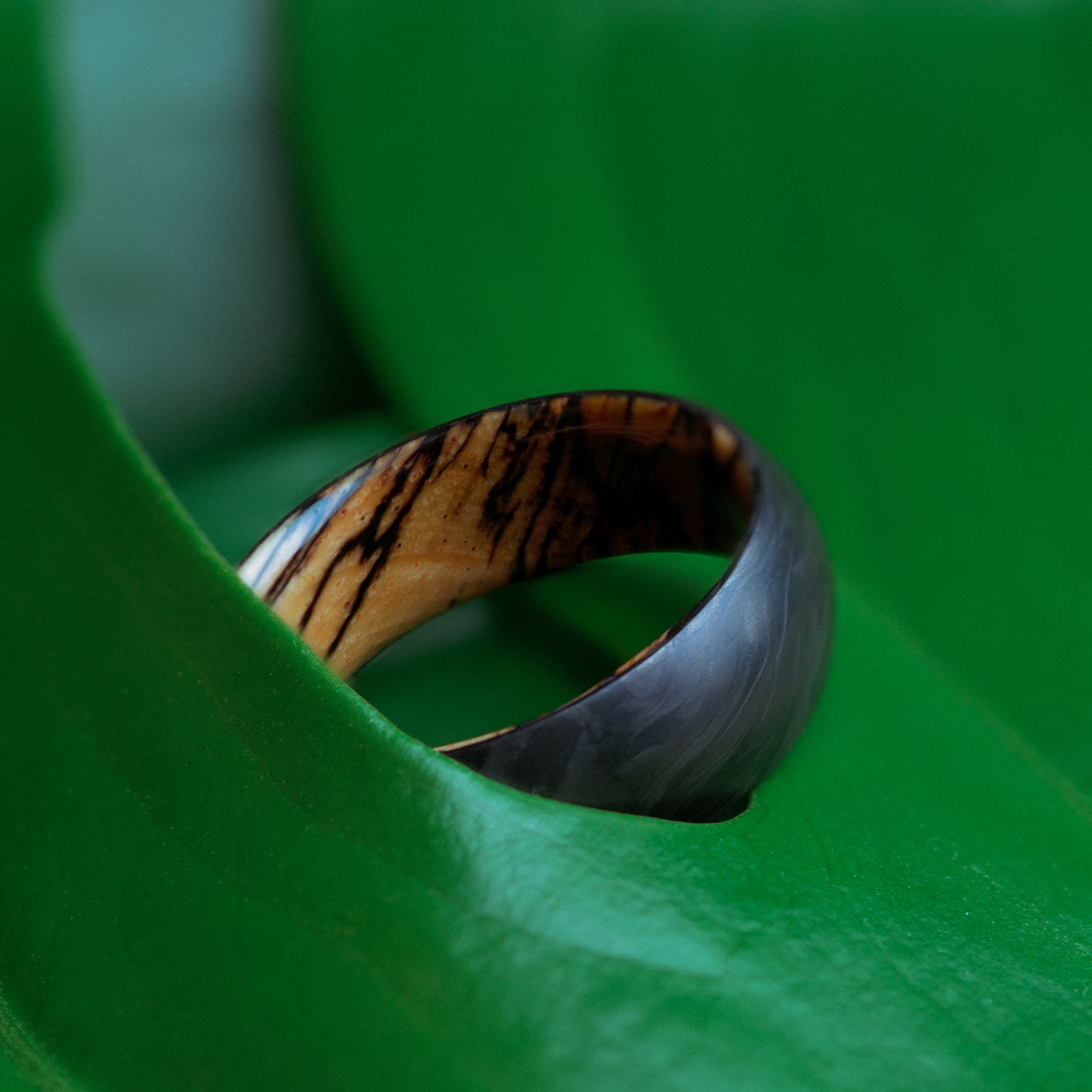 Spalted Tamarind and Forged Carbon Fiber Mens Wedding Band