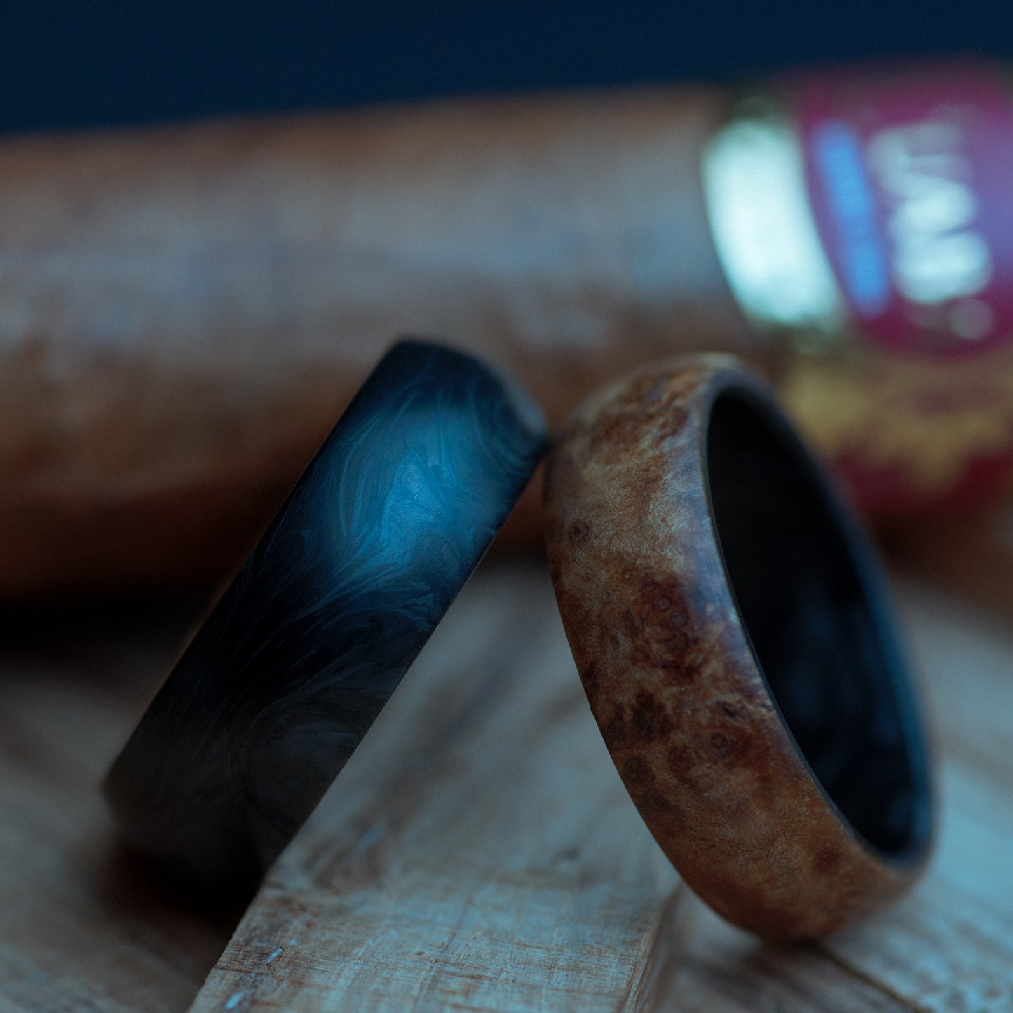 Black Ash Burl and Forged Carbon Fiber Mens Wedding Band