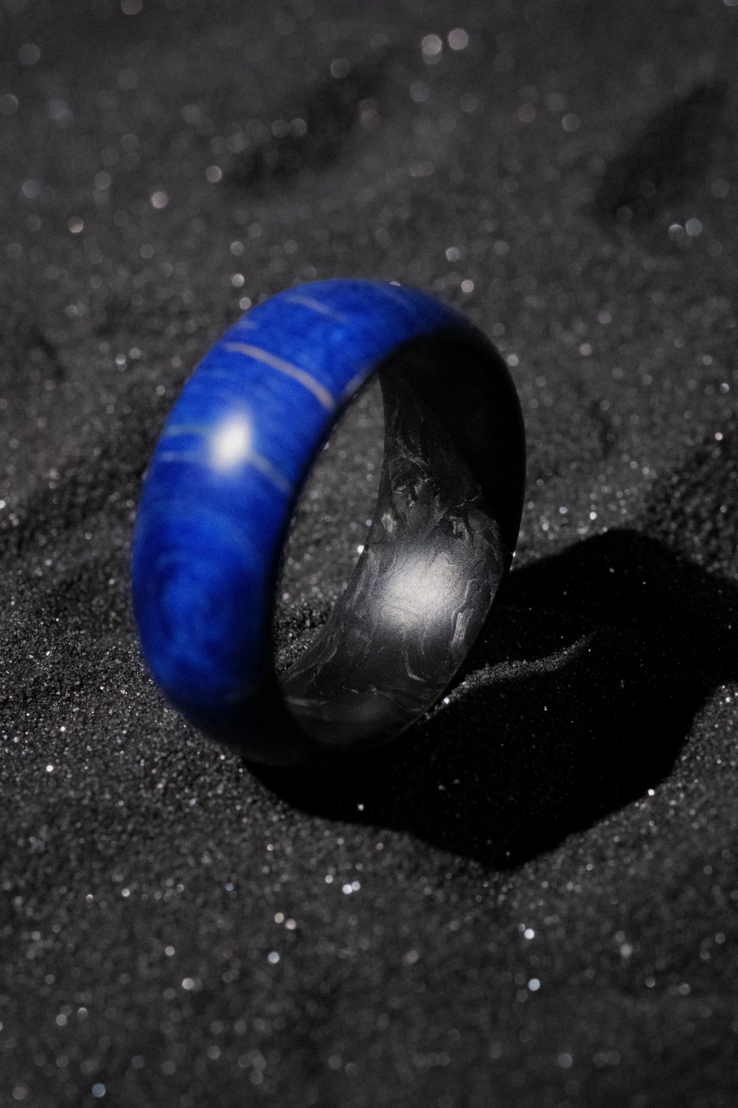Blue Box Elder Burl and Forged Carbon Fiber Mens Wedding Band