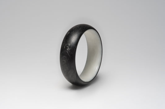 Bamboo silk and forged carbon fiber mens wedding band, three-quarter view