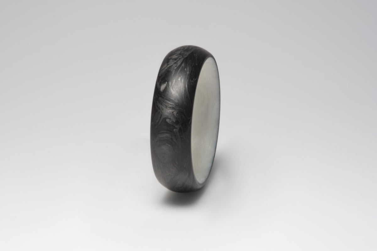 Bamboo silk and forged carbon fiber mens wedding band, side view