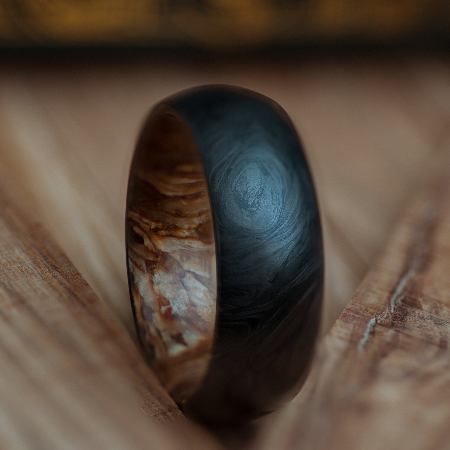 Hemp Fiber Wood and Forged Carbon Fiber Mens Wedding Band