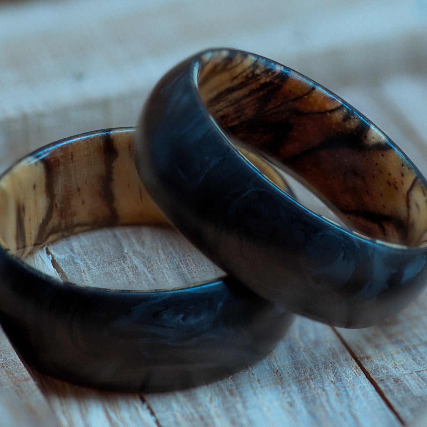 Spalted Tamarind and Forged Carbon Fiber Mens Wedding Band
