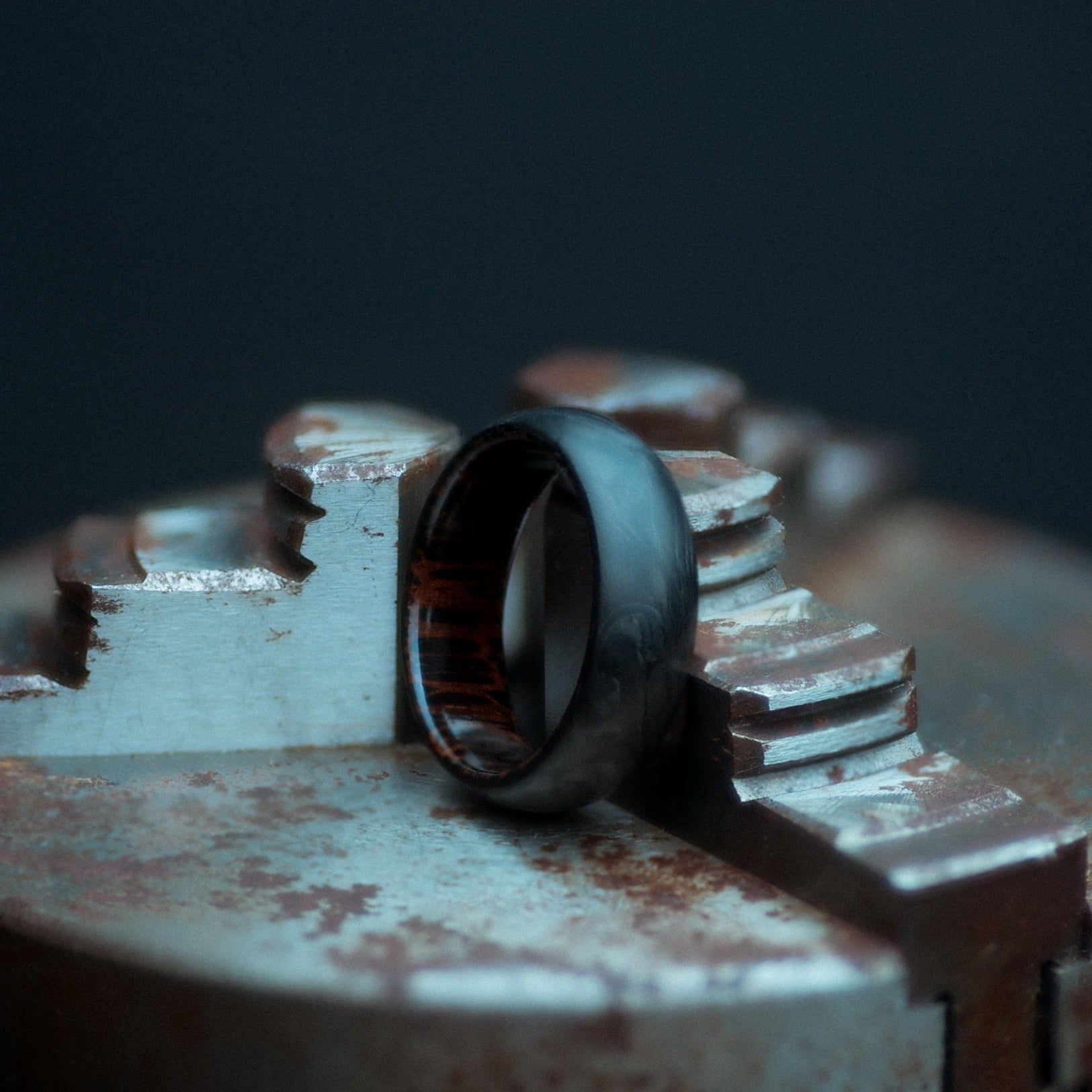 Black Palm Wood and Forged Carbon Fiber Mens Wedding Band