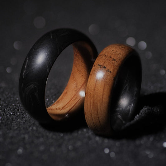 Upcycled Whiskey Barrel Oak and Forged Carbon Fiber Mens Wedding Band