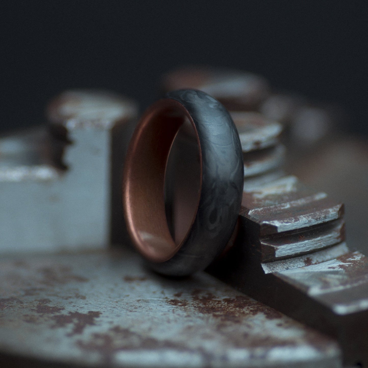 Copper and Forged Carbon Fiber Mens Wedding Band