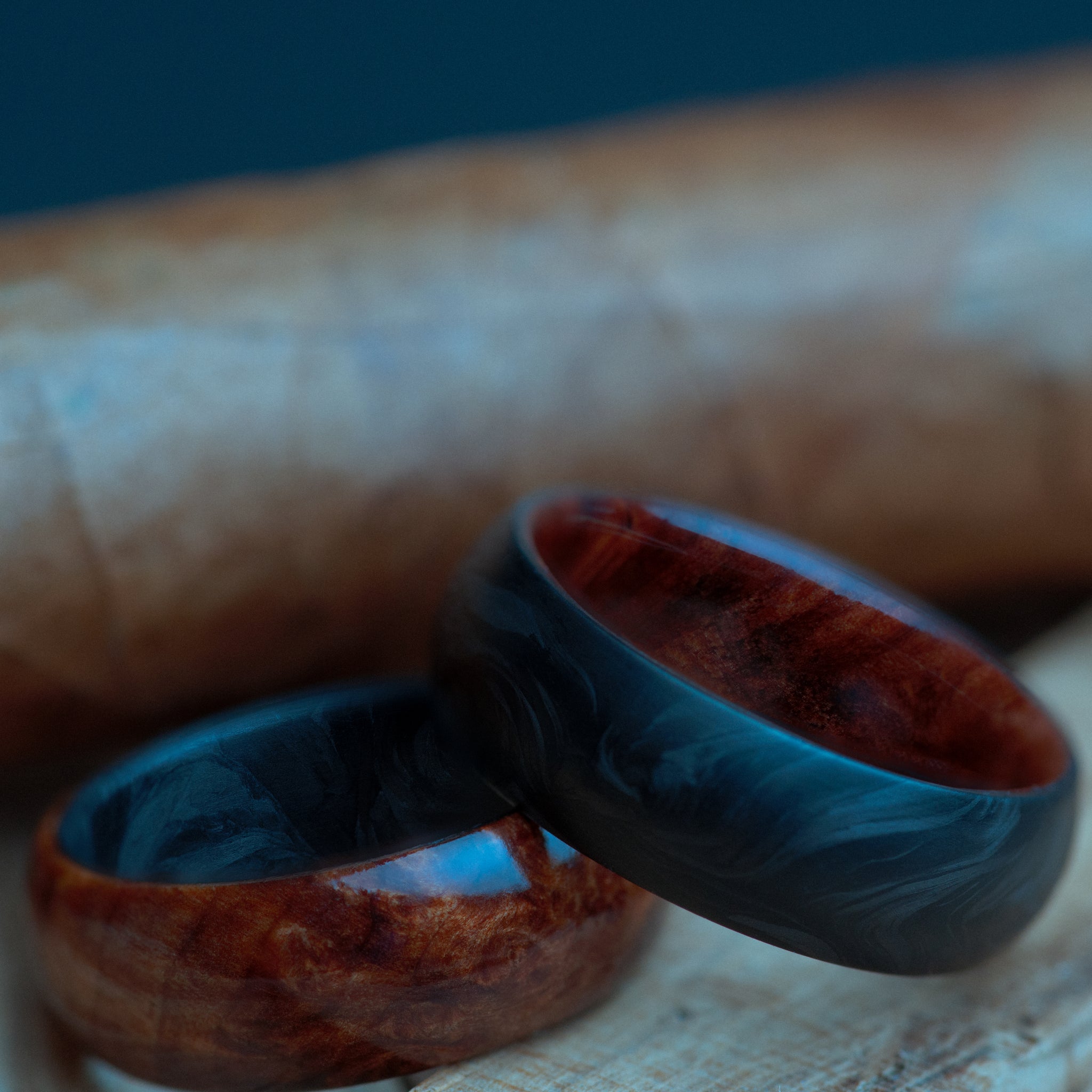 California Redwood Burl and Forged Carbon Fiber Mens Wedding Band