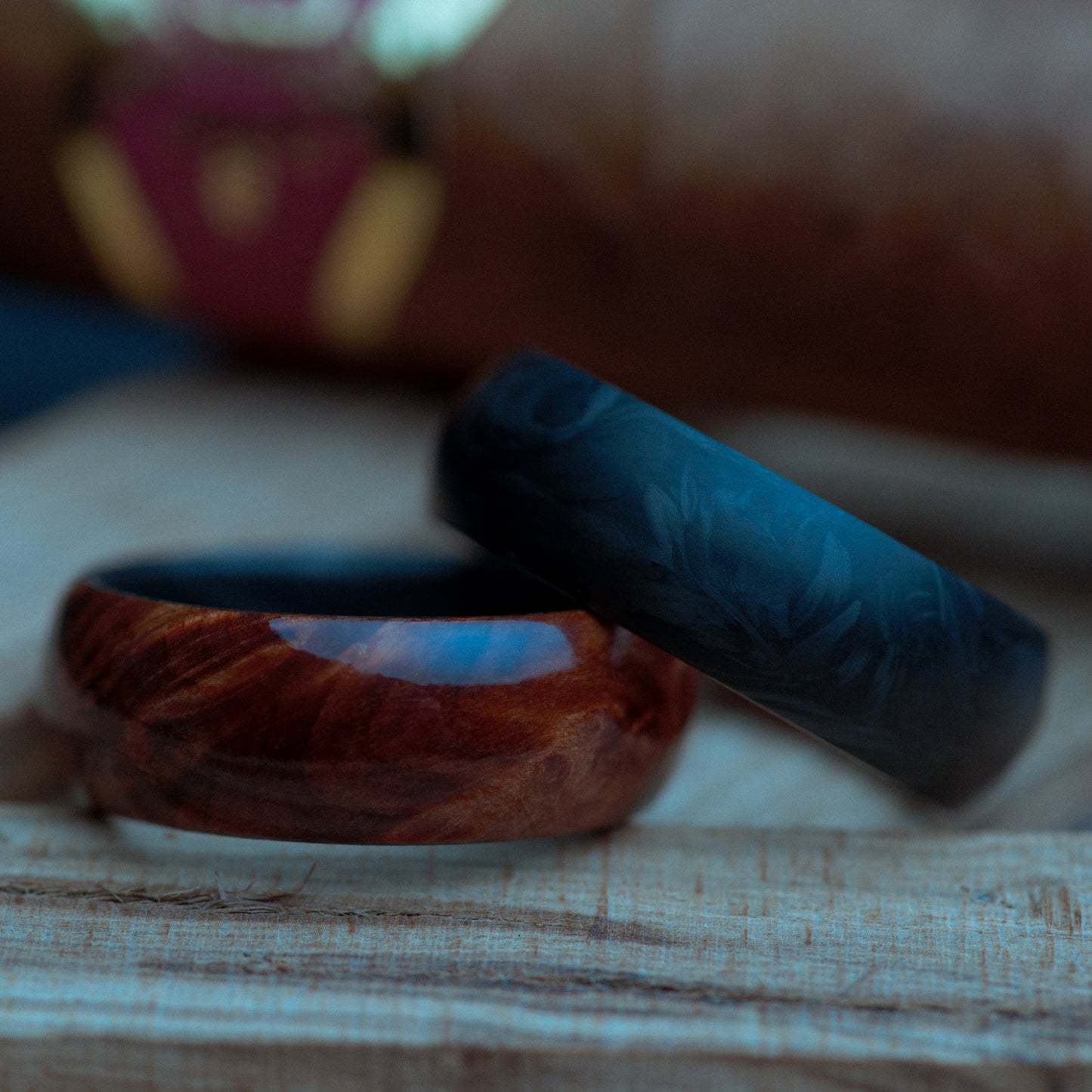 California Redwood Burl and Forged Carbon Fiber Mens Wedding Band