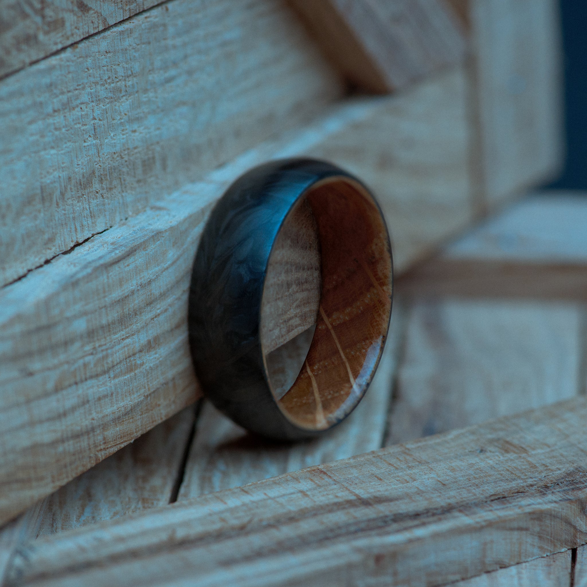 Reclaimed Whiskey Barrel Oak and Forged Carbon Fiber Mens Wedding Band