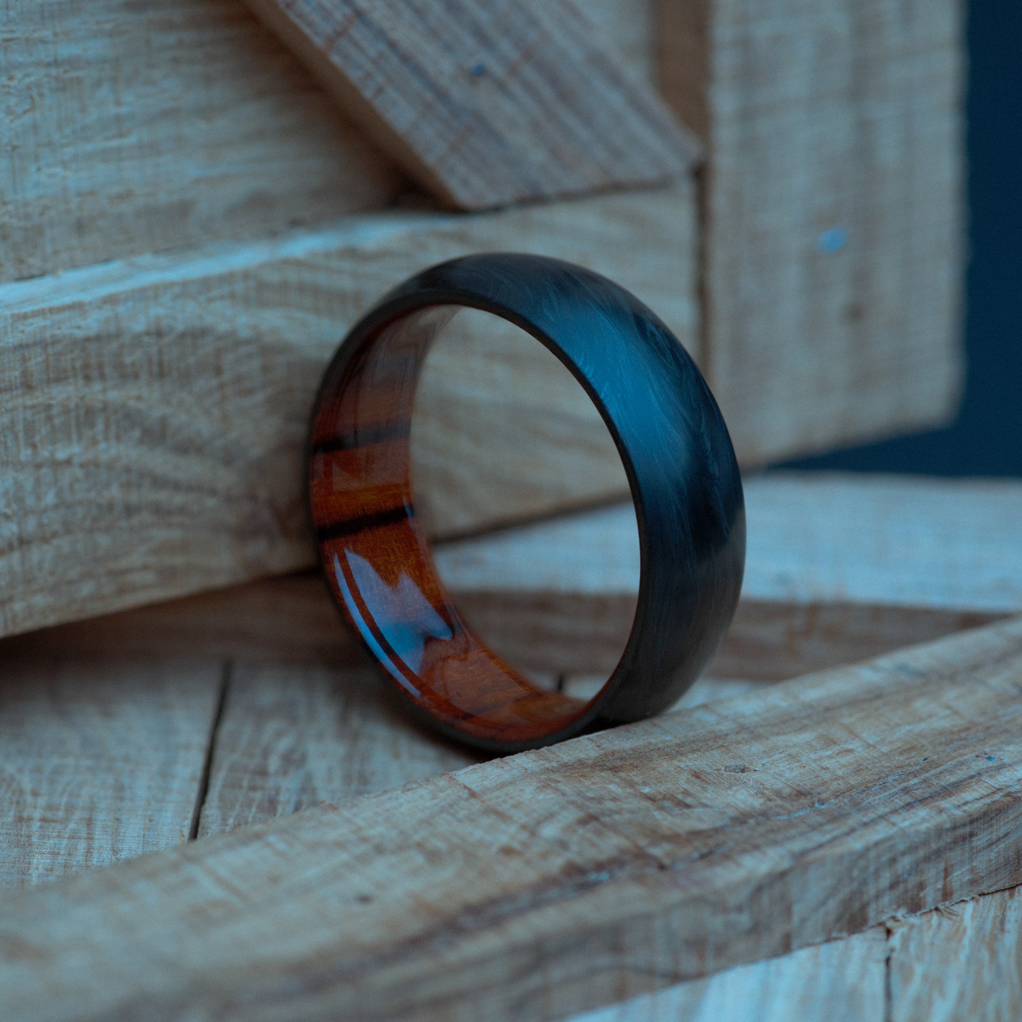 Desert Ironwood and Forged Carbon Fiber Mens Wedding Band