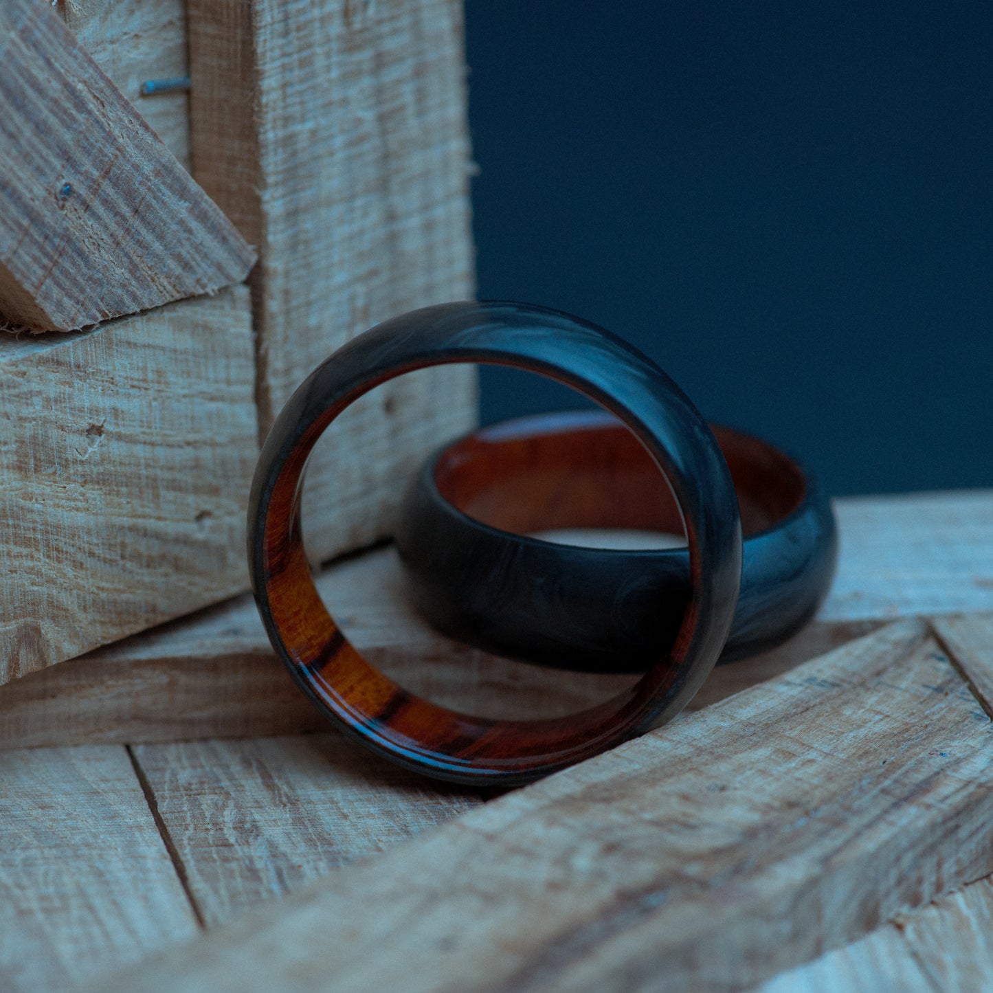 Desert Ironwood and Forged Carbon Fiber Mens Wedding Band