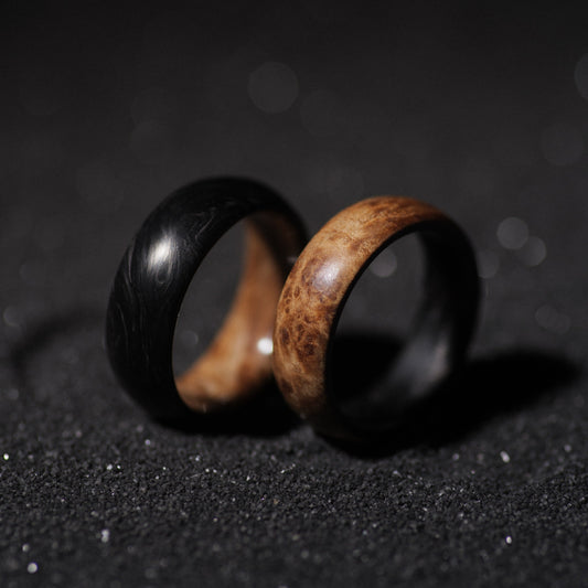 Black Ash Burl and Forged Carbon Fiber Mens Wedding Band