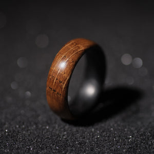 Reclaimed Whiskey Barrel Oak and Forged Carbon Fiber Mens Wedding Band